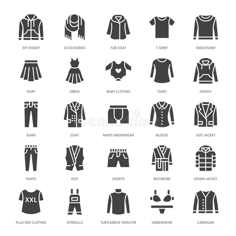 Roupa, ícones lisos do glyph do fasion Homens, o fato das mulheres - vista, para baixo revestimento, calças de brim, roupa interi ilustração do vetor Roupa, ícones lisos do glyph do fasion Homens, o fato das mulheres - vista, para baixo revestimento, calças de brim, roupa interi ilustração do vetor