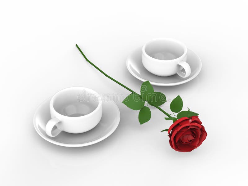rouse dell'illustrazione 3D e tazze e piattini bianchi illustrazione di stock rouse dell'illustrazione 3D e tazze e piattini bianchi illustrazione di stock
