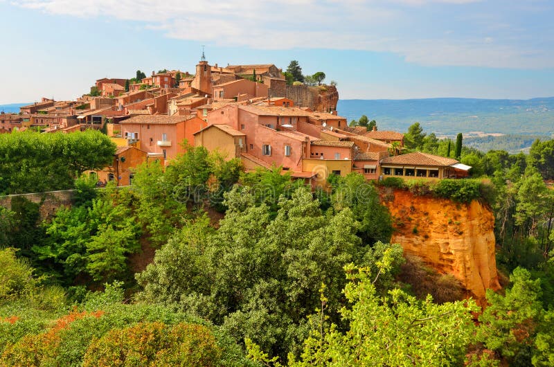 Roussillon colorful village sunset view, Provence, France. Roussillon colorful village sunset view, Provence, France