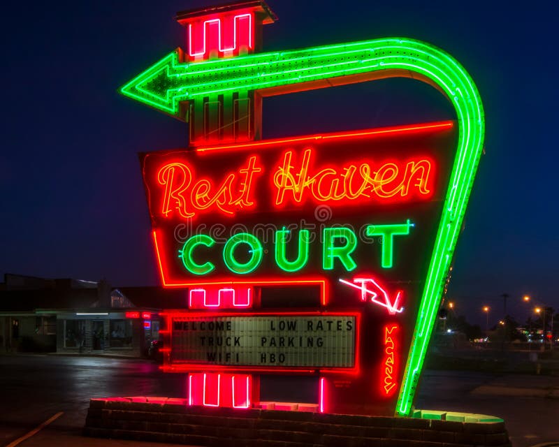 LEBANON, MO/USA - MAY 6, 2013: Vintage Rest Haven Court motel and neon sign on Route 66. LEBANON, MO/USA - MAY 6, 2013: Vintage Rest Haven Court motel and neon sign on Route 66.