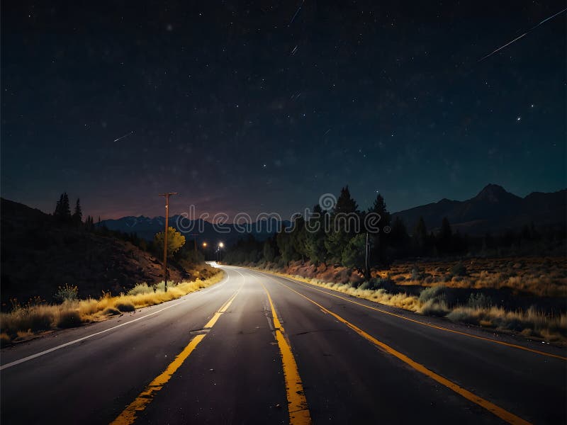 Lonely highway under the stars. An asphalt highway stretches towards the horizon under a clear night sky filled with stars. Lonely highway under the stars. An asphalt highway stretches towards the horizon under a clear night sky filled with stars