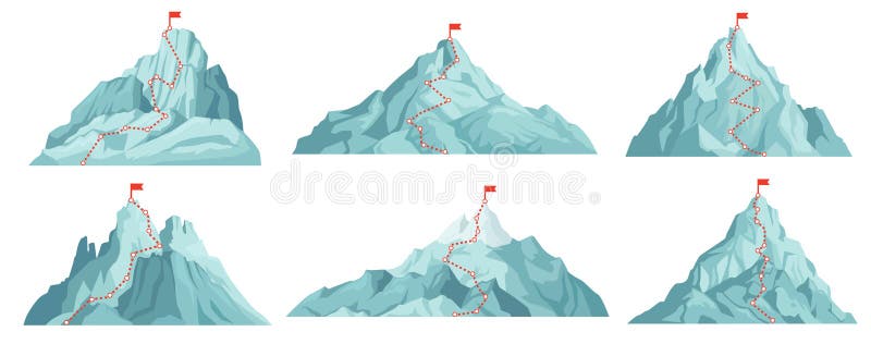 Route to mountain peak. Climbing to mountains with red flag on top. Progress infographics, success business, vision