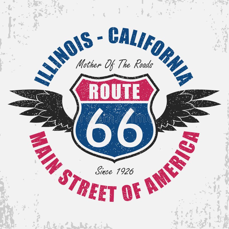 Route 66 typography graphic for t-shirt. Original clothes design with grunge, wings and slogan. Vector illustration.