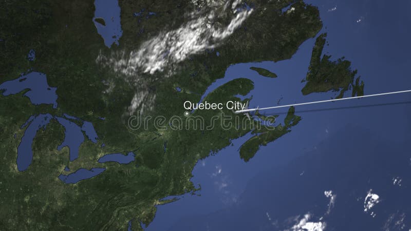Route van een commercieel vliegtuig dat aan de Stad van Quebec, Canada op de kaart vliegt het 3d teruggeven stock illustratie Route van een commercieel vliegtuig dat aan de Stad van Quebec, Canada op de kaart vliegt het 3d teruggeven stock illustratie