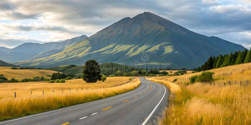 Route vers la montagne majestueuse dans le champ d'or illustration libre de droits
