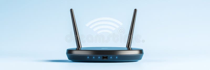Router bezprzewodowy z podwójną anteną na jasnoniebieskim tle gradientowym symbolizującym szybki internet nowoczesna sieć niezawod ilustracja wektor