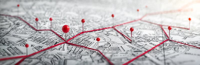 Routes with red pins on a city map.