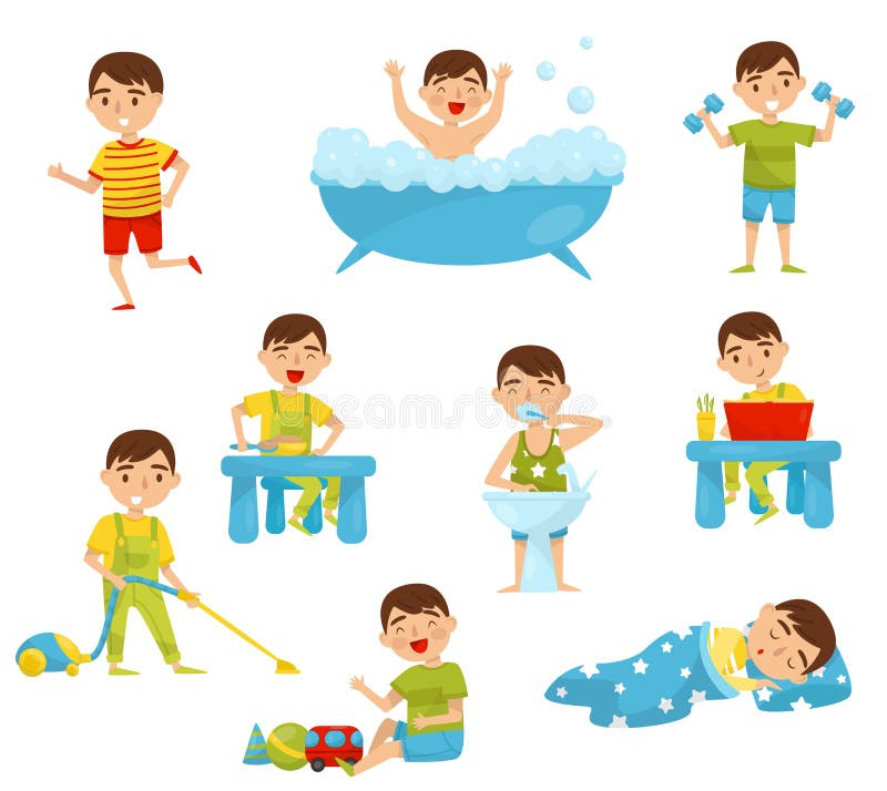 Daily routine of cute boy set, kids activity, boy doing sports, taking bath, having breakfast, reading book, playing, sleeping vector Illustration isolated on a white background.