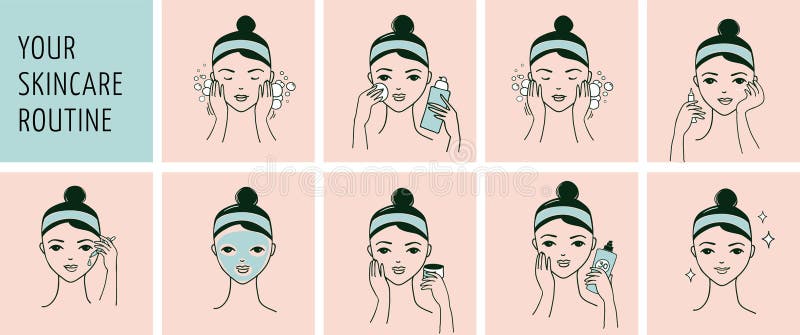 Skin care routine, simple woman face with a different facial procedures banner. Skin care routine, simple woman face with a different facial procedures banner