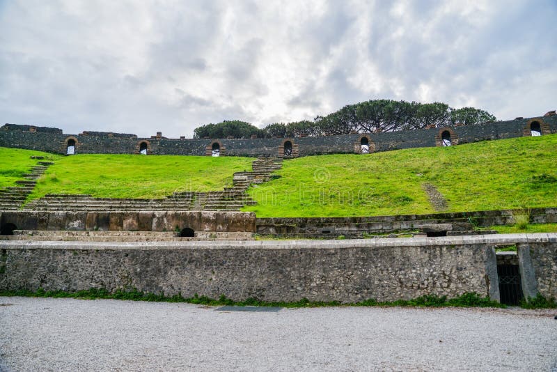 Ruins of ancient city of Pompeii, destroyed by volcano Mount Vesuvius, two millenniums ago, 79 AD. open for visitors, a popular destination for tourists in Italy. Ruins of ancient city of Pompeii, destroyed by volcano Mount Vesuvius, two millenniums ago, 79 AD. open for visitors, a popular destination for tourists in Italy