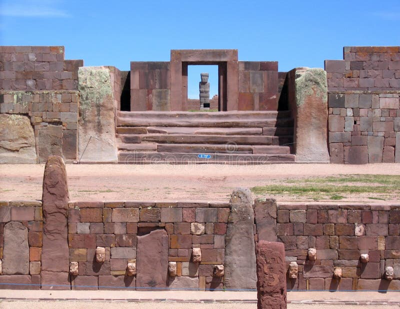 Tiwanaku ruins - pre-Inca Kalasasaya & lower temples. The typical icon view, with the Ponce Monolith aligned with the Kalasasaya Temple main door. At equinoxes the Sun shines into the Ponce monolith. Tiwanaku ruins - pre-Inca Kalasasaya & lower temples. The typical icon view, with the Ponce Monolith aligned with the Kalasasaya Temple main door. At equinoxes the Sun shines into the Ponce monolith.