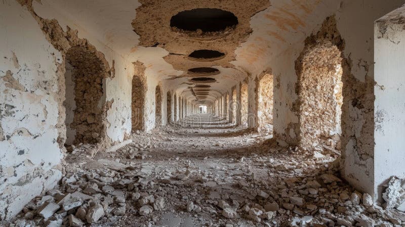 Rovine di un lungo corridoio in un edificio abbandonato illustrazione di stock