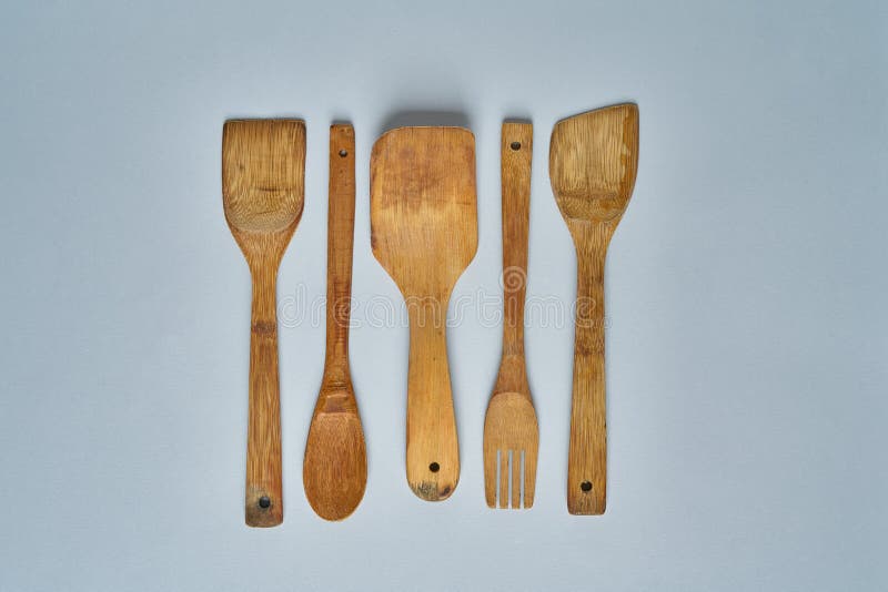 Row of Assorted Old Wooden Kitchen Utensils Stock Image Image of
