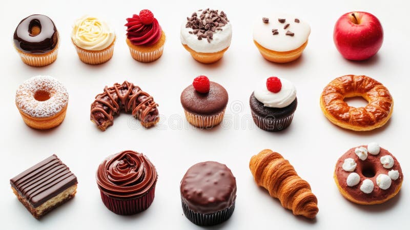 A row of assorted pastries and a sliced apple on a white background royalty free stock photography