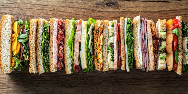 A Row of Assorted Sandwiches on a Wooden Background royalty free illustration