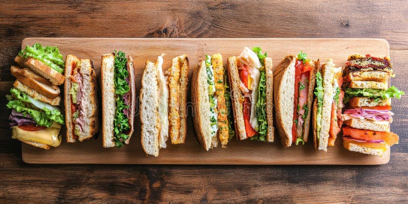 A Row of Assorted Sandwiches on a Wooden Cutting Board royalty free illustration