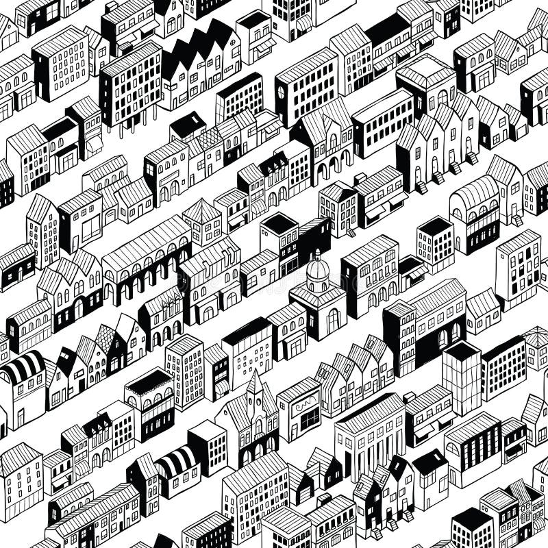 Row City Seamless Pattern is isometric doodle drawing, a string of different buildings stretched along the continuous line. Illustration is in eps8 vector mode, pattern is repetitive. Row City Seamless Pattern is isometric doodle drawing, a string of different buildings stretched along the continuous line. Illustration is in eps8 vector mode, pattern is repetitive.