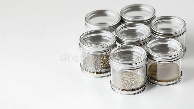 A row of clear jars with lids on a white background stock images