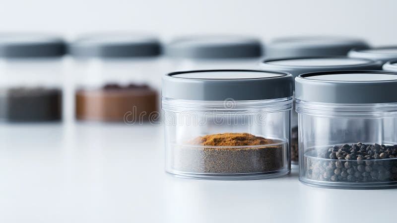 A row of clear jars with spices in them. The jars are lined up in a row and are of different sizes