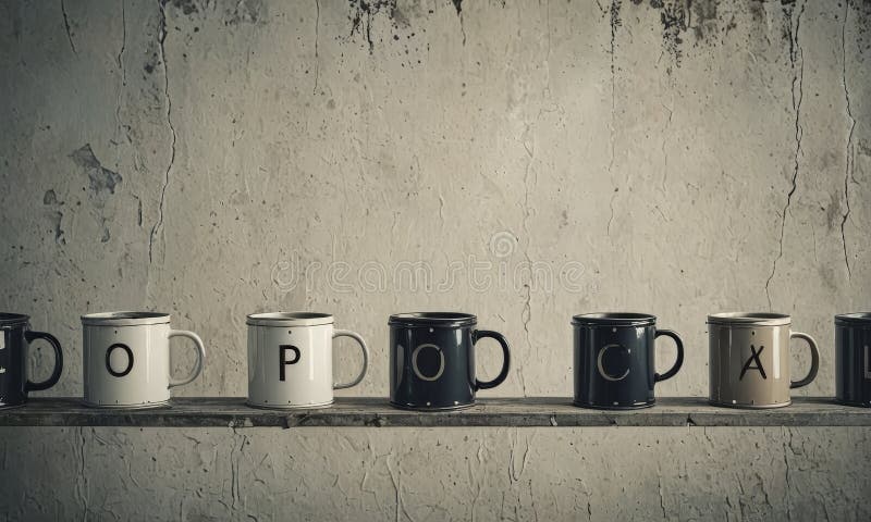 Row coffee mugs with the word pop on them stock illustration