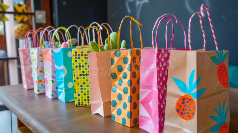 A Row of Colorful Gift Bags with Patterned Designs Sits on a Wooden