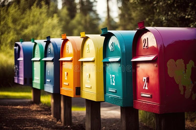 A row of colorful mailboxes with each one unique in its own way stock illustration