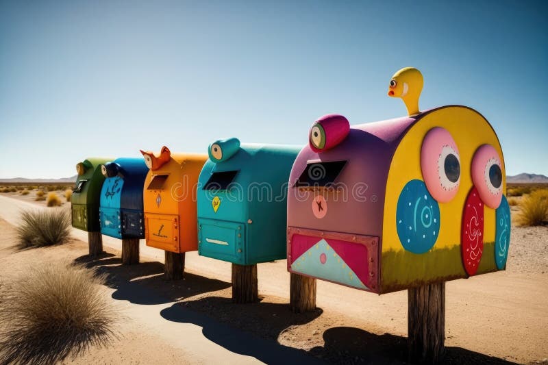 A row of colorful mailboxes with each one unique in its own way, created with generative ai