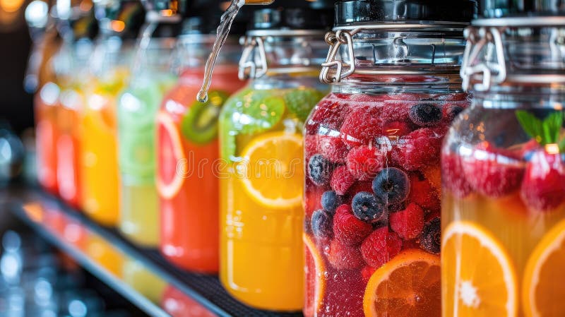 A Row of Colorful Pitchers Filled with Fruit Juice Stock Image Image