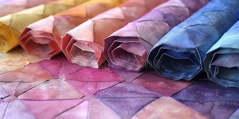 A row of colorful rolls of fabric, each with a different color and pattern vector illustration