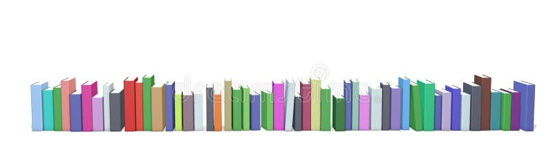 Row of different colorful books. Isolated on white background. 3D rendering