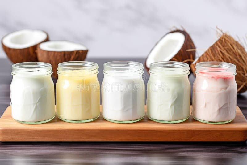 A Row of Different Flavors of Coconut Yogurt in Small Glass Jars Stock