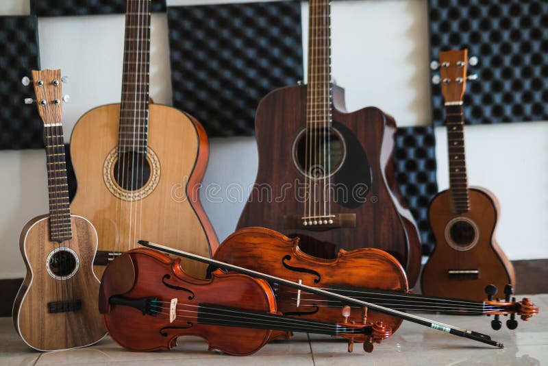 Row of different musical string instruments for a school of music