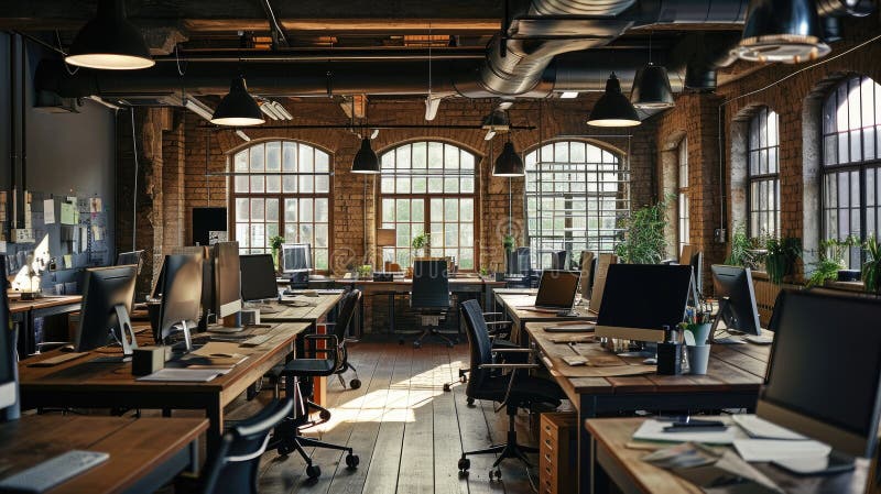 A row of elegant dark wood tables gracing the front of a professional office space. royalty free illustration.
