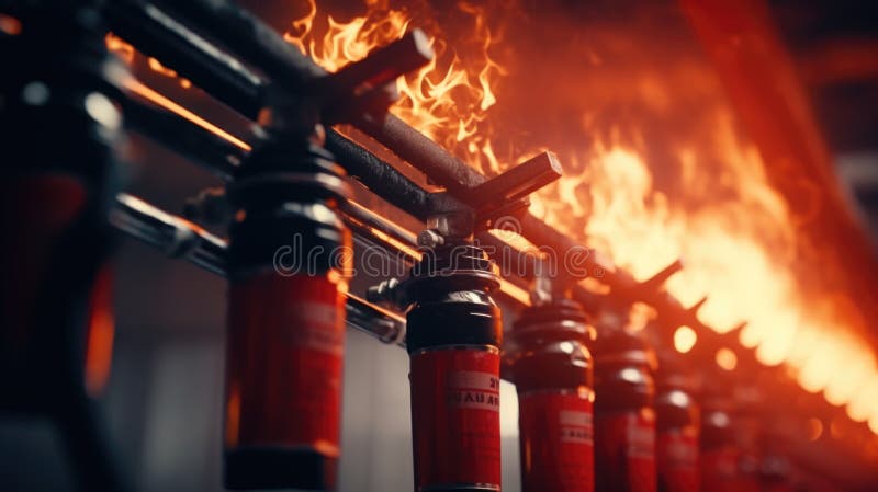 Row of fire extinguishers with flames in the background. Suitable for fire safety concepts stock images