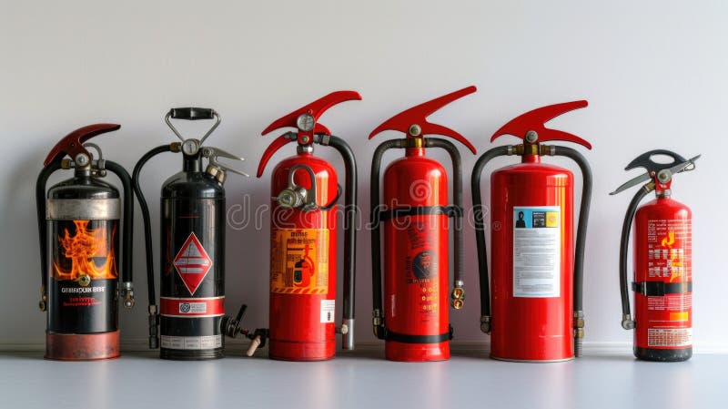 A row of fire extinguishers lined up against a wall. Suitable for illustrating fire safety measures. royalty free stock photo