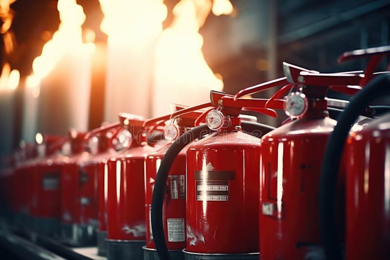 A row of fire extinguishers ready for use. Suitable for fire safety concepts royalty free stock photos