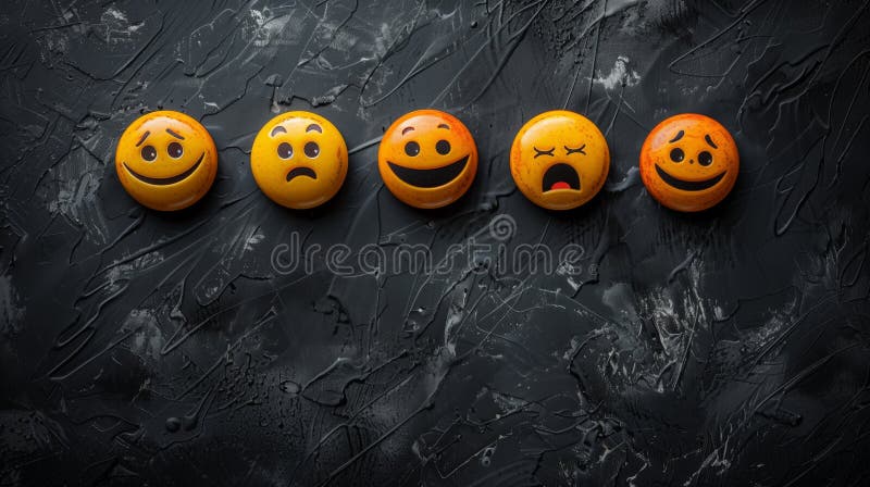 Row of five orange smiley faces against black background vector illustration