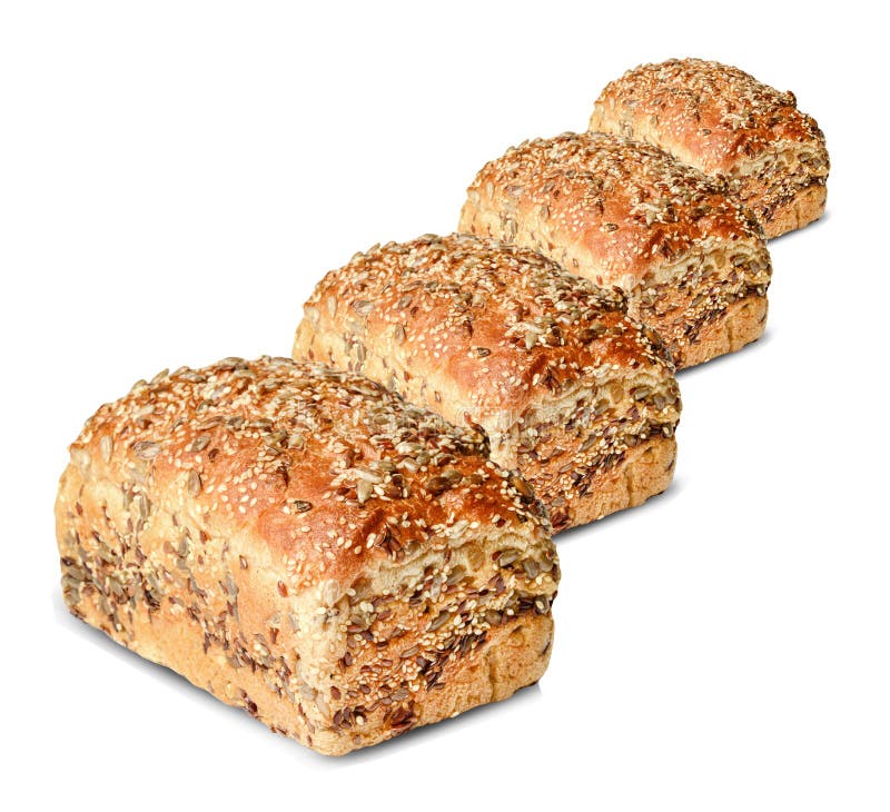 A row of freshly baked loaves of bread with seeds on a white isolated background. Clipping path. Design element for print and web.