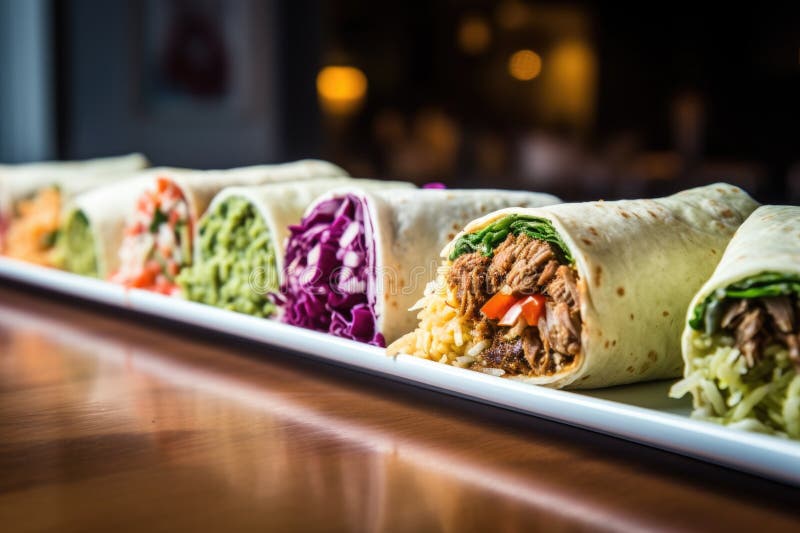 A Row of Freshly Made Burritos in a Restaurant Stock Image Image of delicious, restaurant