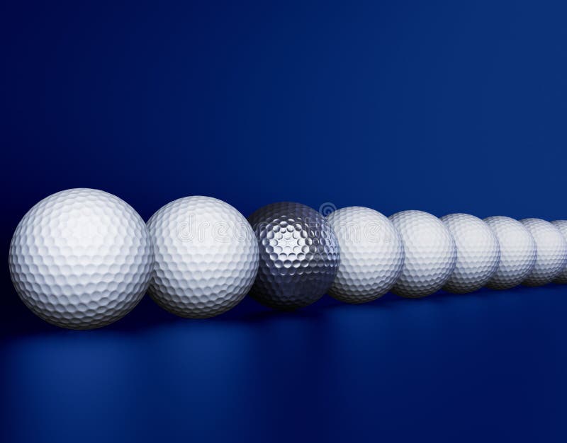 Row of Golf balls and silver ball in center