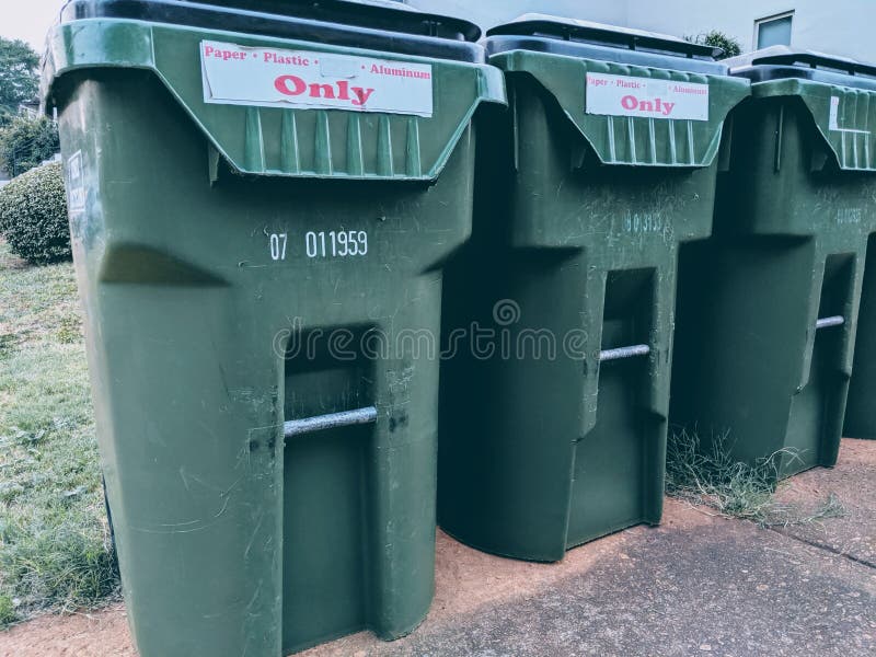 Green Recycling Bins Next To Sidewalk Stock Image Image of bins