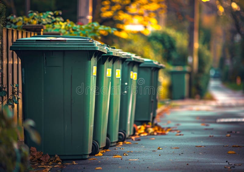 A Row of Green Trash Cans are Lined Up on the Sidewalk Stock Image
