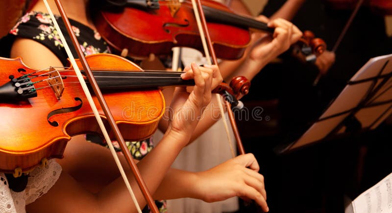 Row, group of anonymous violin players, children, people playing, bows in hands, stands in front, closeup. Classical music concert