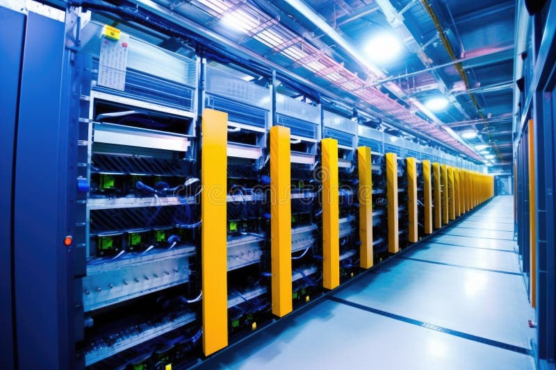 Row of hard drives arranged in a data center, created with generative ai AI generated
