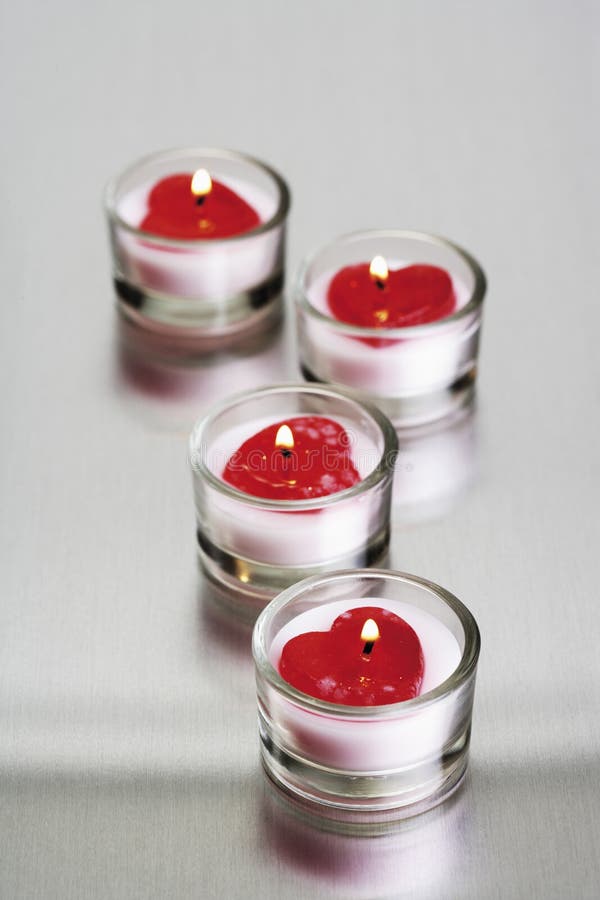 Row of Heartshaped Tealights in Candle Holders Stock Image Image of