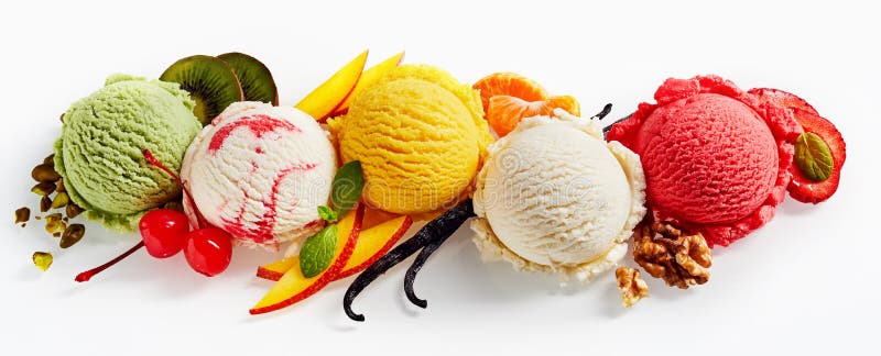 Row of colorful ice cream scoops with decorations, shot from above, on white background. Row of colorful ice cream scoops with decorations, shot from above, on white background