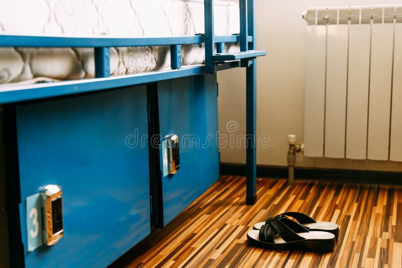 Row of Lockers with Numbers in Modern Hotel or Hostel Stock Photo