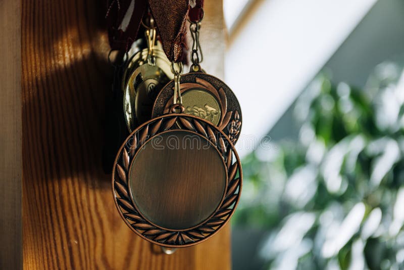 Row of Medals Hanging on a Wall at Home Stock Photo Image of element