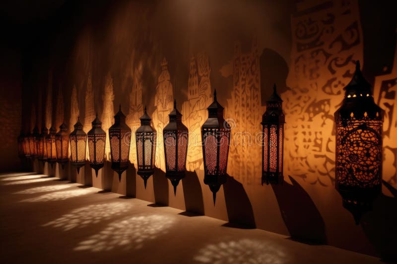 A row of moroccan lanterns casting shadows on a wall stock illustration