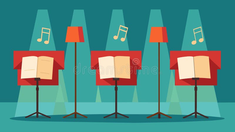 A row of music stands line the stage each holding the sheet music that the choir will soon perform.. Vector illustration vector illustration